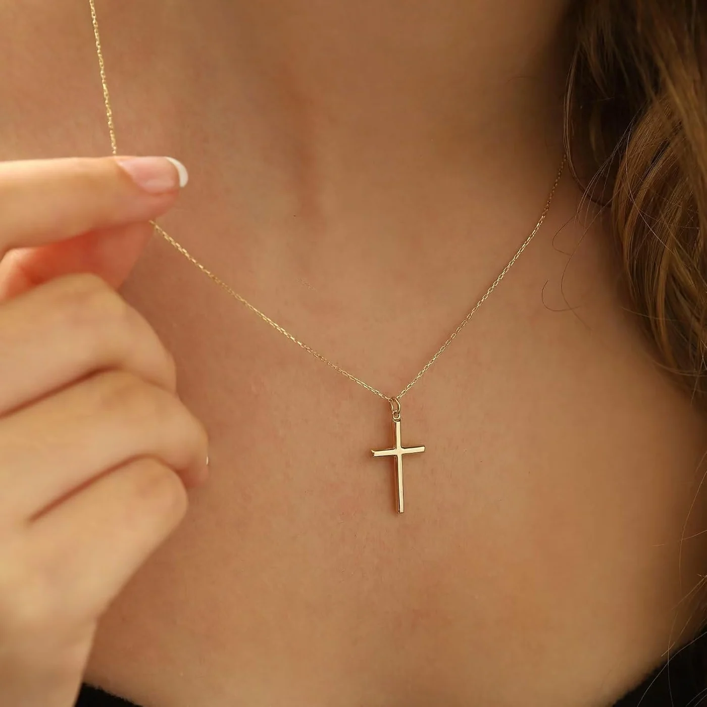 Dainty Cross Necklace, 14K gold plated, 16+2 in