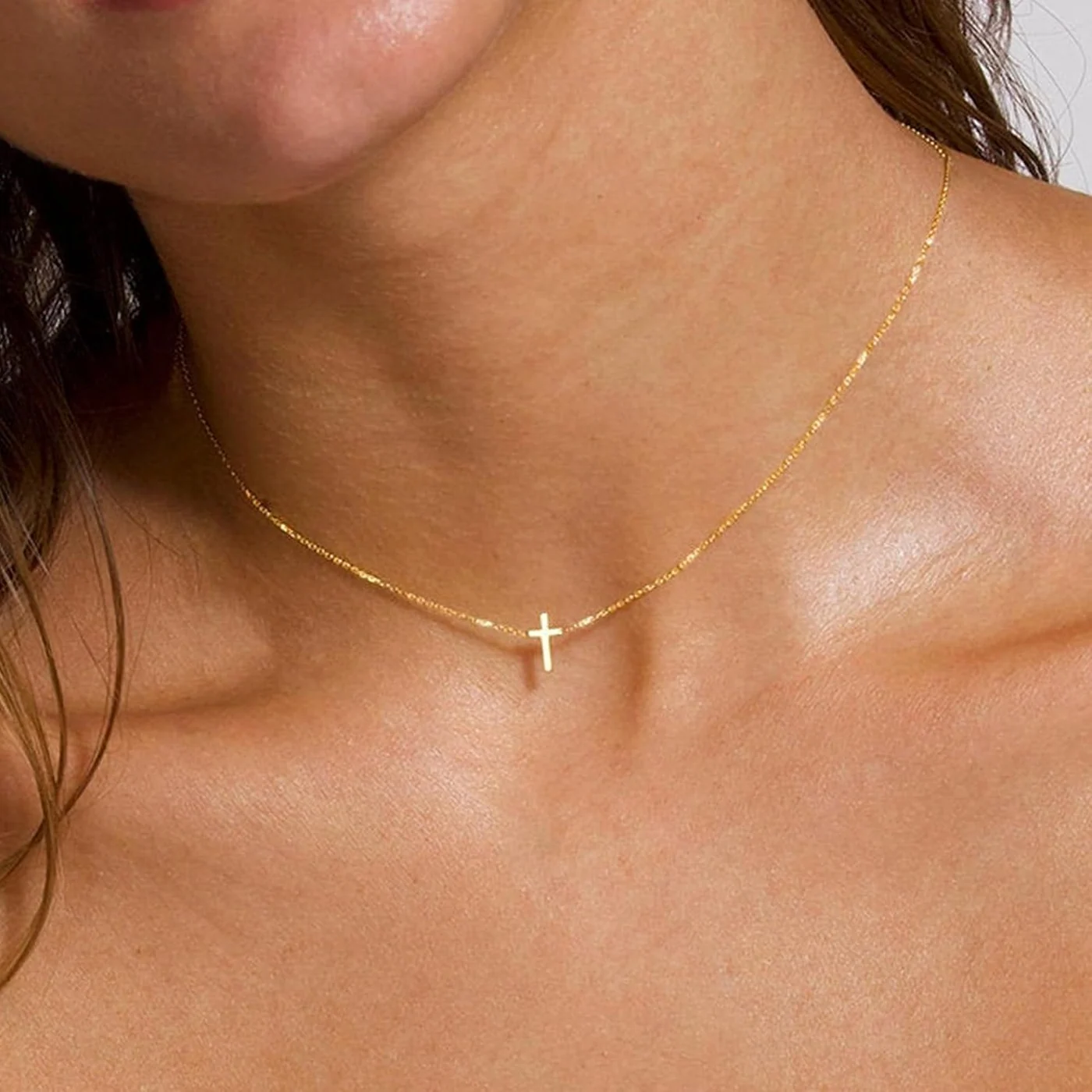 Tiny Cross Choker, 14K gold plated, 16+2 in