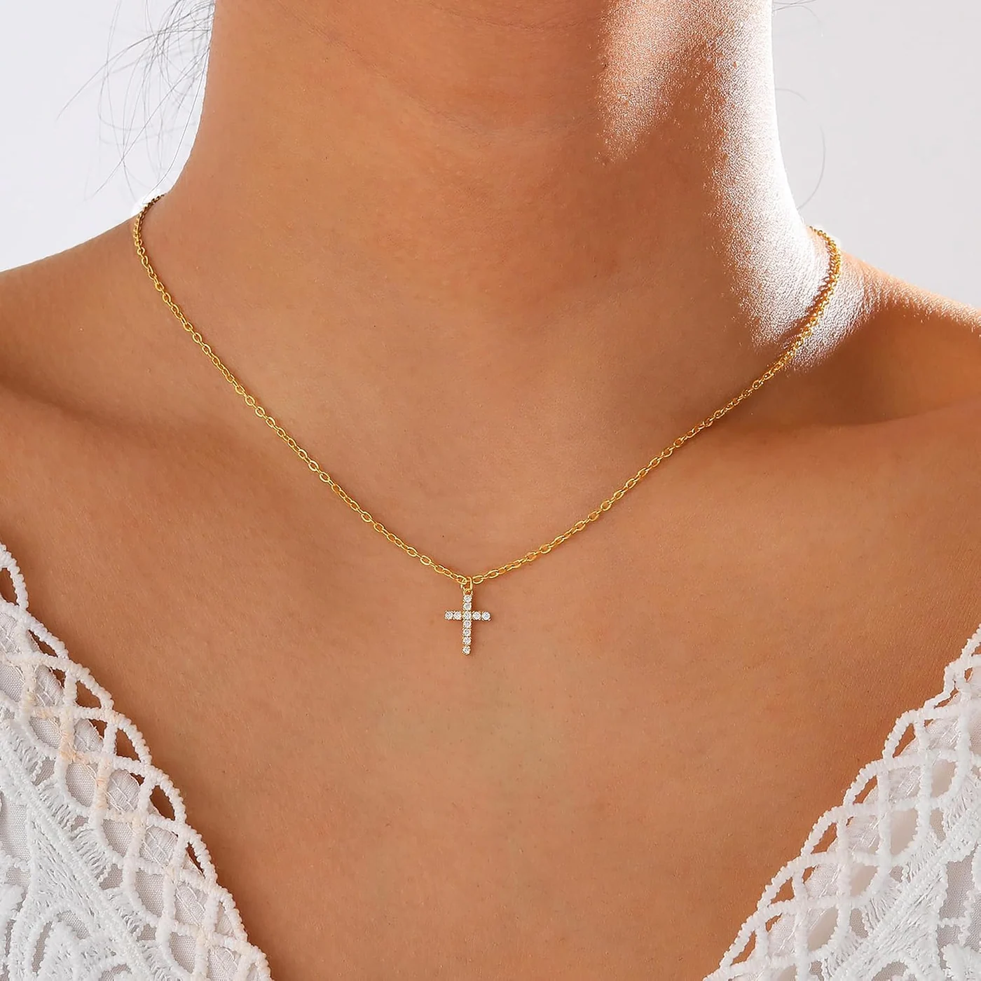 Cubic Zirconia Cross Necklace, 14K gold plated, 16+2 in