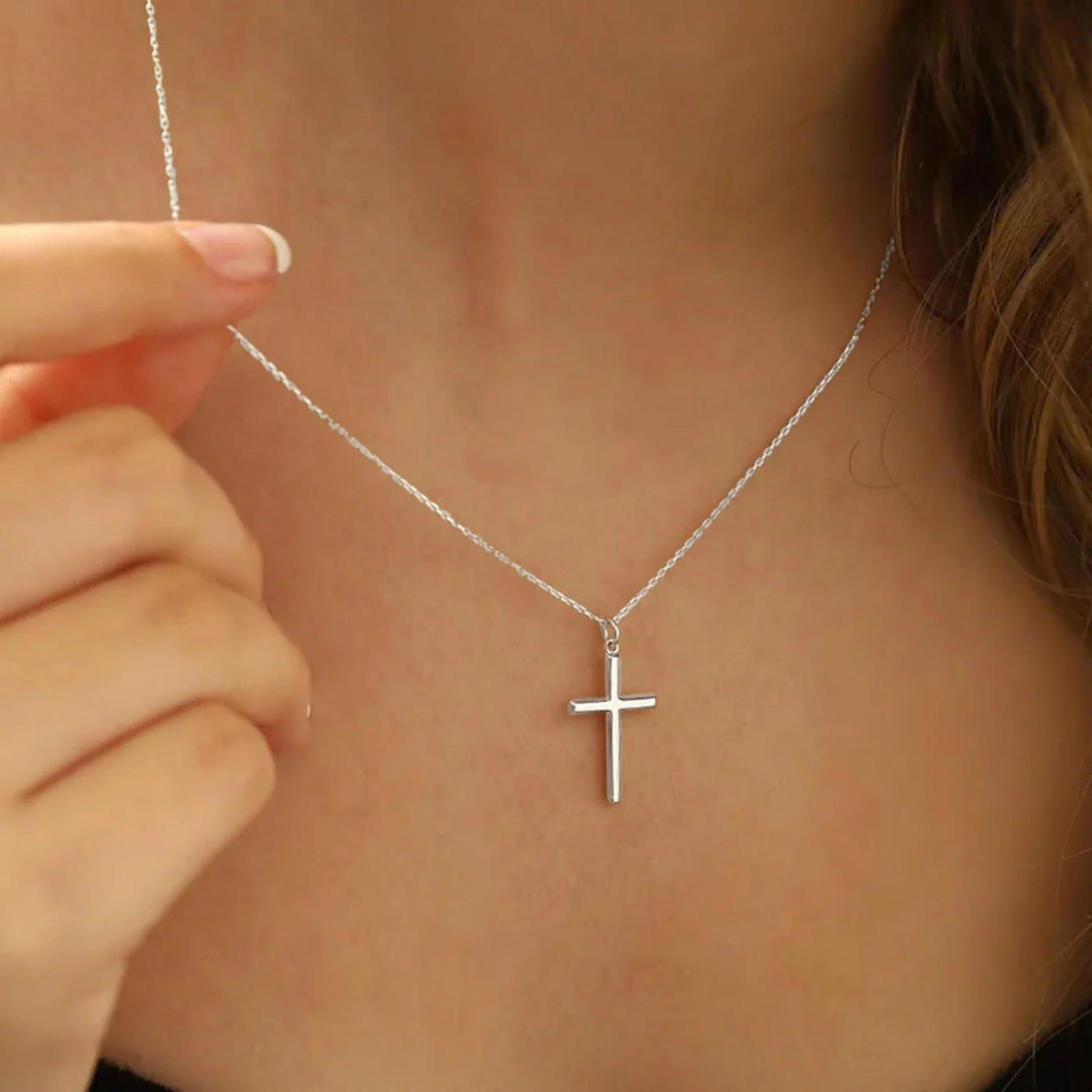 Cross Necklace, 14K white gold plated, 16+2 in