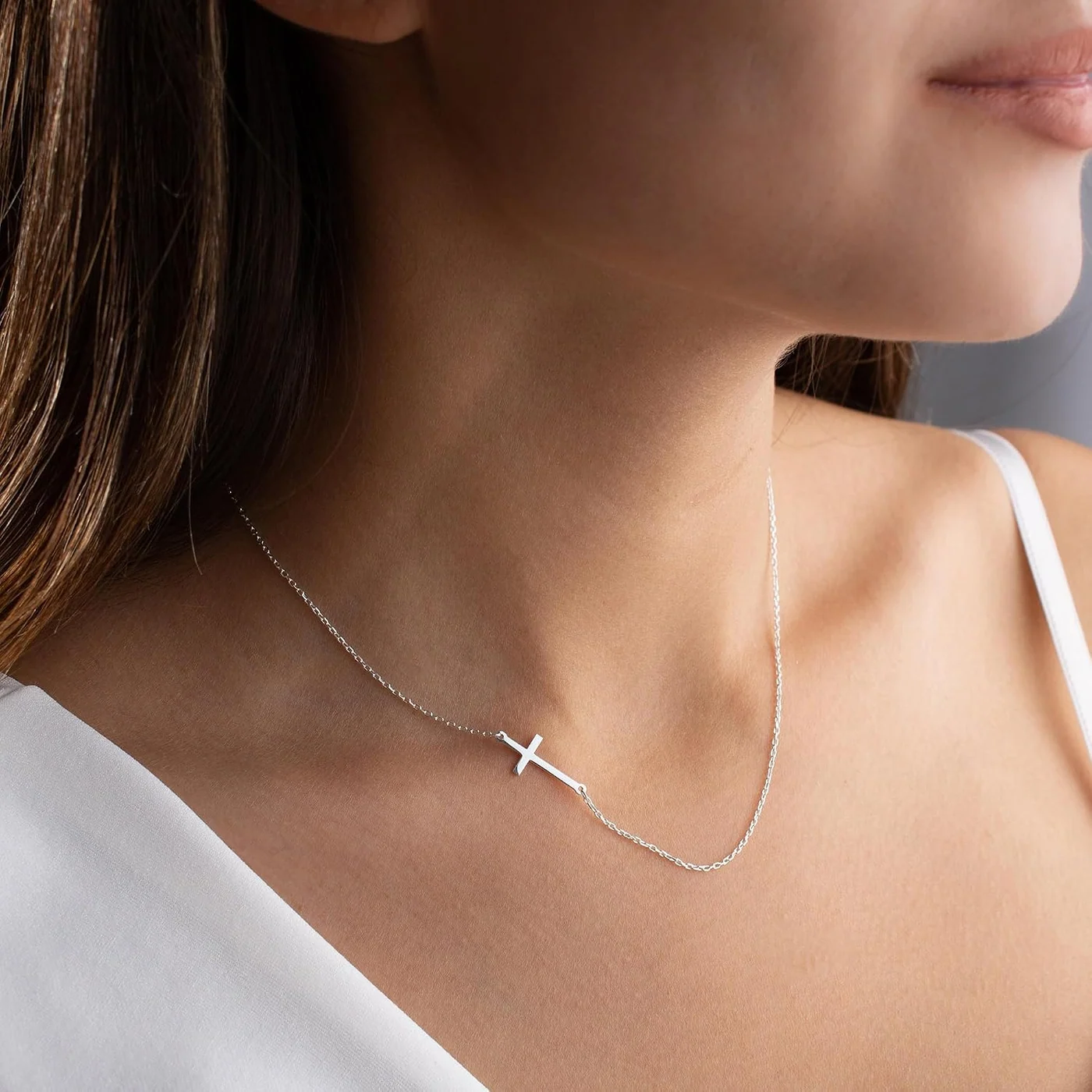 Sideways Cross Choker, 14K white gold plated, 16+2 in