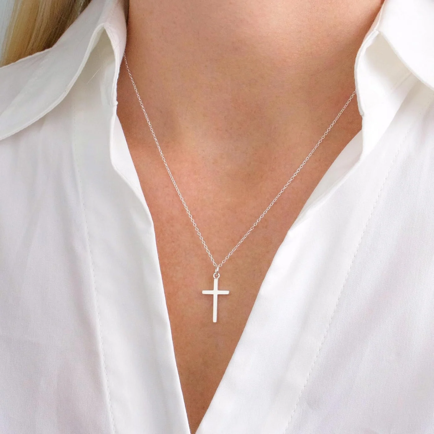 Dainty Cross Necklace, 14K white gold plated, 16+2 in
